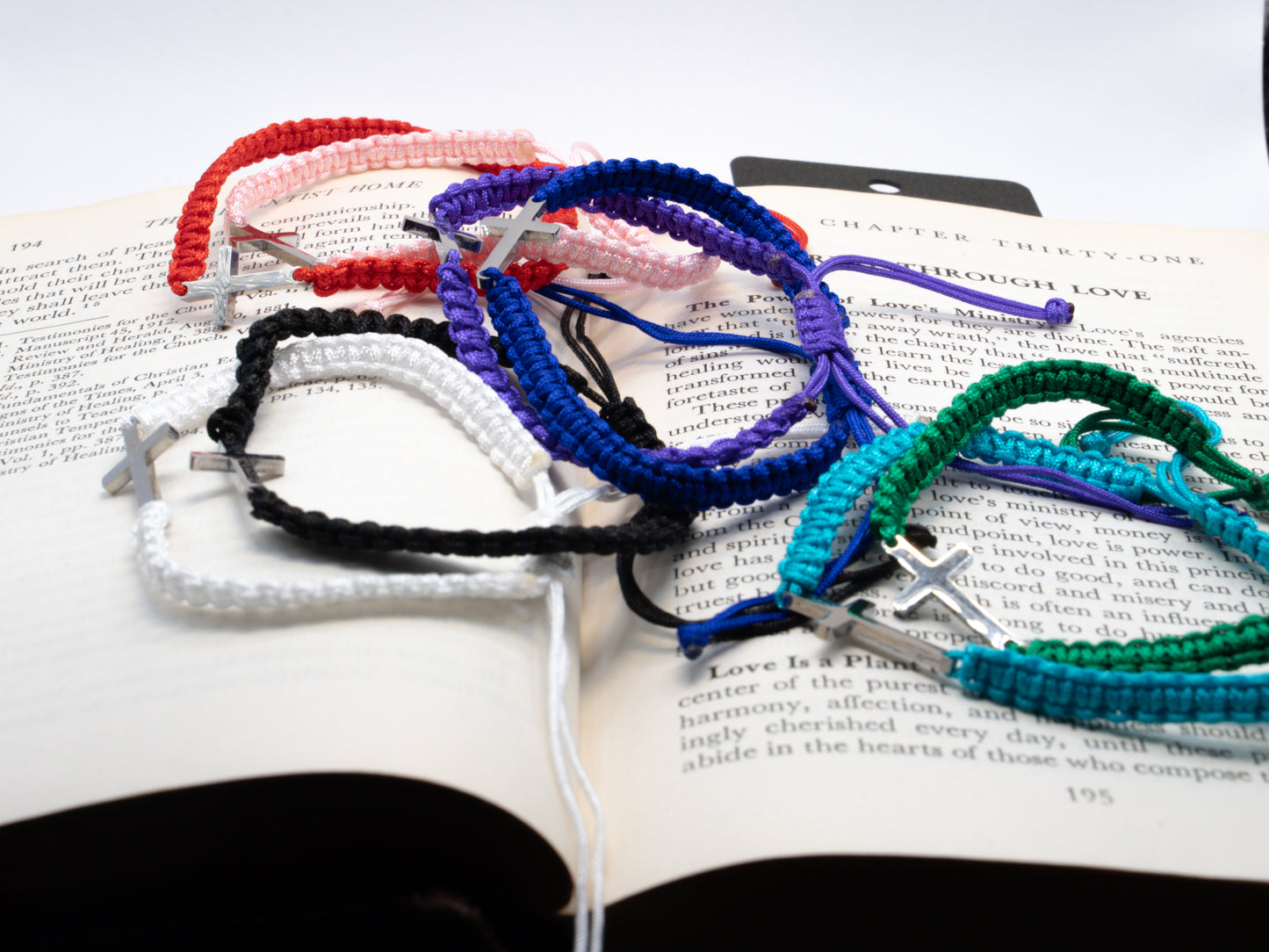 Adjustable Cross Fabric Bracelets — 8 Pack (Stainless Steel Cross)
