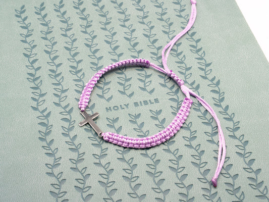 Limited Edition Adjustable Lilac Cross Fabric Bracelet (Stainless Steel Cross)