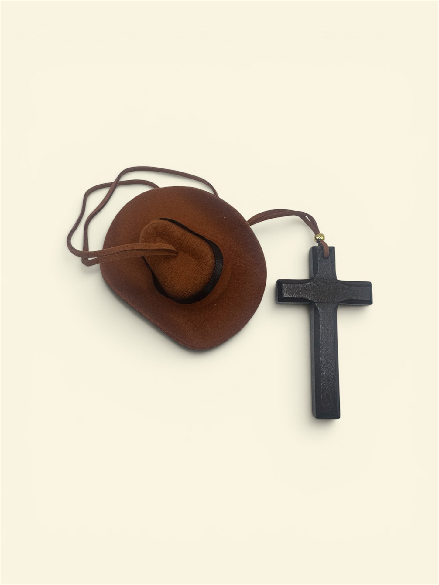 Cowboy Hat & Wooden Cross Car Ornament – Christian Rearview Mirror Hanger