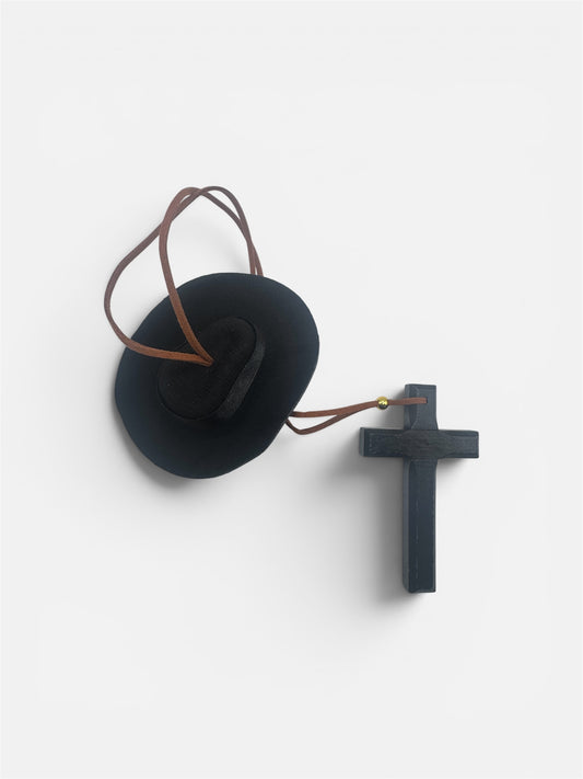 Cowboy Hat & Wooden Cross Car Ornament – Christian Rearview Mirror Hanger